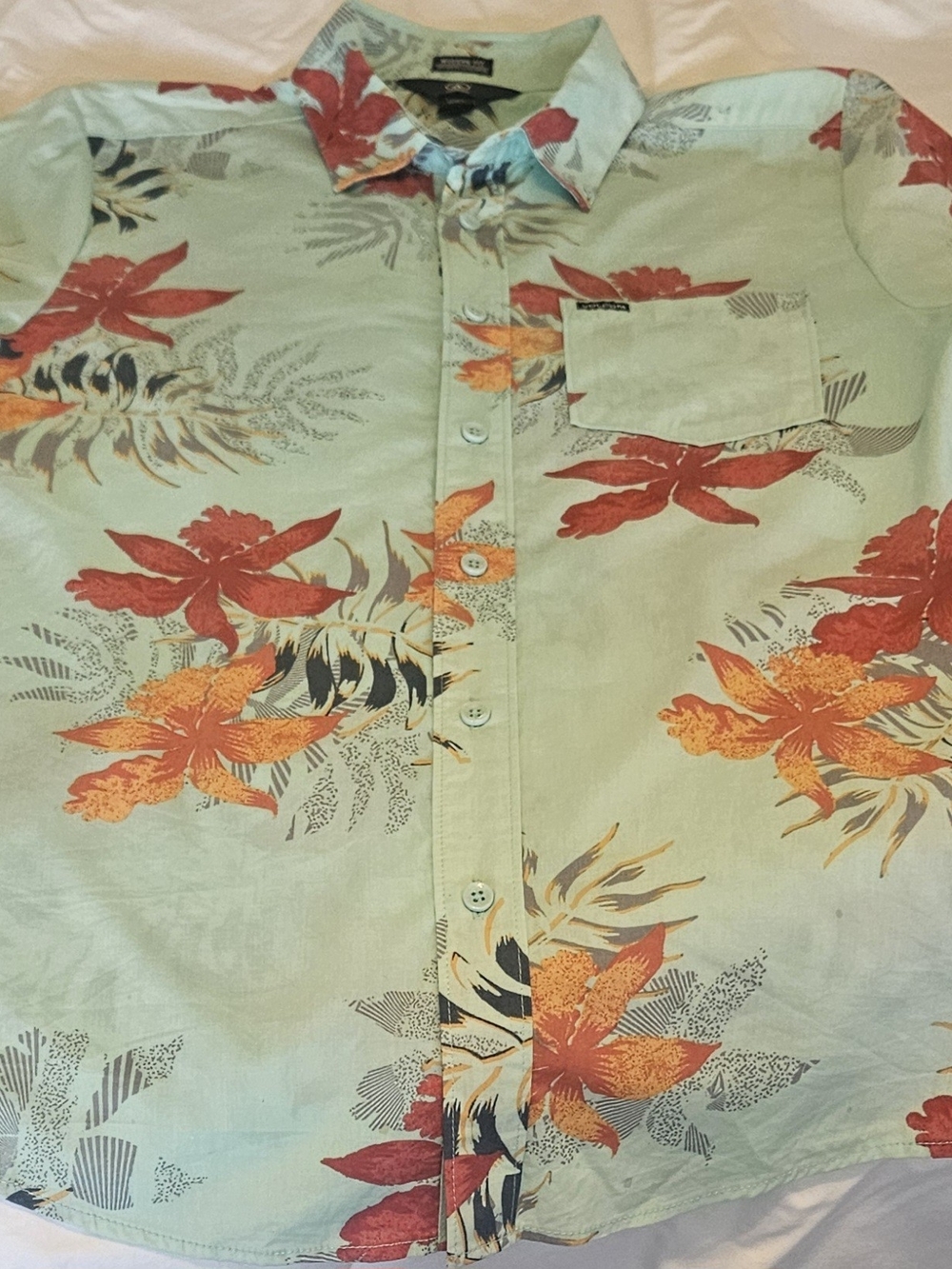 Volcom Light Green Short-Sleeve Button-Down with Red & Orange Floral Print
